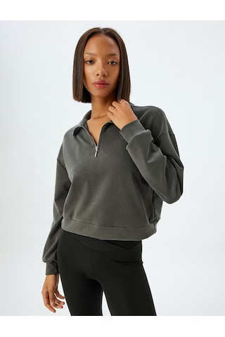 Koton Yarım Fermuarlı Spor Sweatshirt Dik Yaka Rahat Kalıp Kalın Modal Kumaş Antrasit 5wak10059nk Antrasit