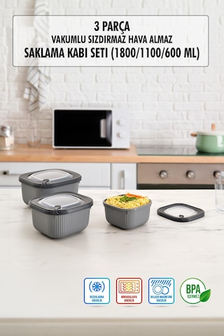 Kare 3 Parça Vakumlu Sızdırmaz Hava Almaz Saklama Kabı Seti Füme 1800/1100/600 Ml Füme