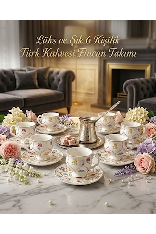 6'lı Gold Detaylı Çiçekli Fincan Takımı- Mien 6 Kişilik Gold Çiçekli Türk Kahvesi Seti Sarı - Çok Renkli