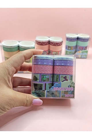Vintage Washi Tape Bant Baskılı Yapışkanlı Maskeleme Kağıdı Desenli Bant 10'lu - Mor Pul Mektup 1