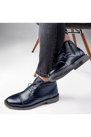 Birmingham Hakiki Deri Bağcıklı Fermuarlı Kaydırmaz Taban Günlük Bot Lacivert