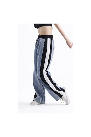 Polopass 025 Kadın Bol Paça Yan Şerit Penye Kot Denim Pantolon Siyah