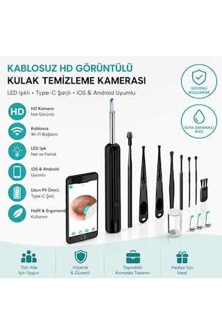 Siyah Kablosuz Hd Görüntülü Kulak Temizleme Kamerası, Led Işıklı Type-c Şarjlı İos Ve Android Uyumlu 0