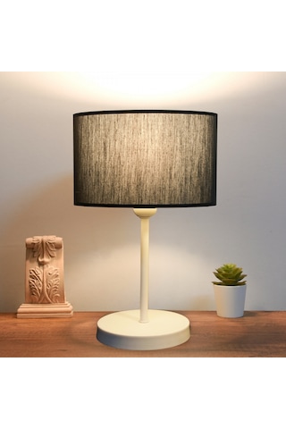 Neva Beyaz Metal Ayaklı Modern Abajur Silindir Siyah Kumaş Başlık Siyah