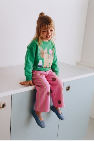 Magu Çocuk Pamuklu Kedi Baskılı Yeşil Sweatshirt Ve Puantiyeli Pembe Eşofman Takımı Çok Renkli