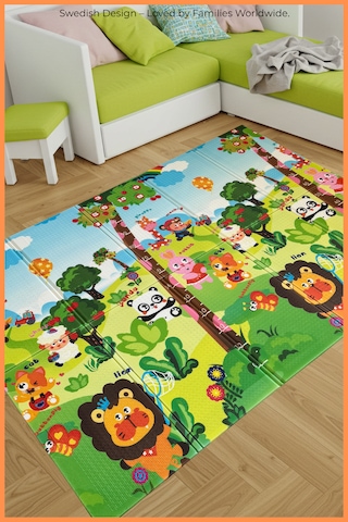 Happy Jungle Çift Taraflı Katlanabilir Oyun Halısı Ve Matı Premium Seri Taşıma Çantalı-180x120