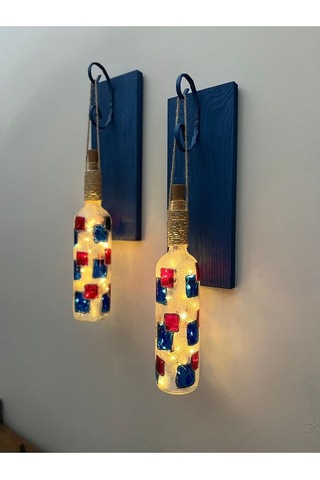 Led Işıklı Koyu Mavi Renkli Vitray Cam Salon Bar Bahçe Dekoru Şar Çok Renkli