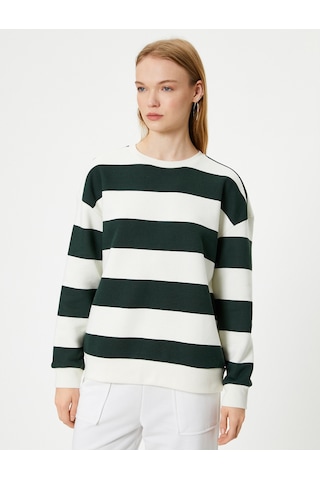 Koton Bisiklet Yaka Sweatshirt Relax Fit Uzun Kollu Yeşil Çizgili 5wal10038ık Yeşil