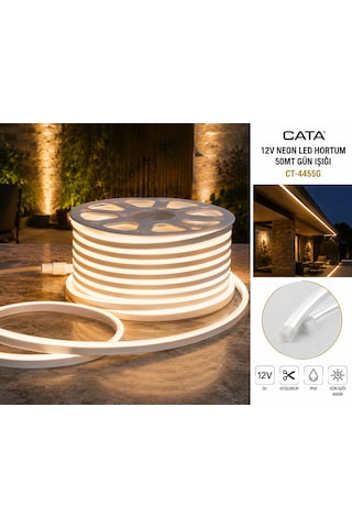 Cata 12v 50 Metre Neon Led Hortum Gün Işığı Renk İç Dış Mekan Dekoratif Şerit Aydınlatma Ct-4455g Beyaz