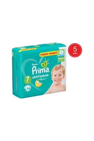 Prima Pampers Aktif Bebek Fırsat Paketi XX Large Bebek Bezi 15+ KG 7 Beden 5 x 34 Adet 5'li