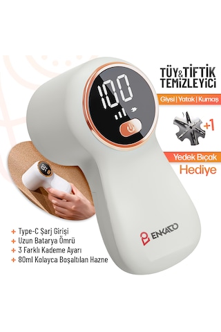 Şarjlı Tüy Tiftik Temizleme Cihazı Dijital Ekranlı Tiftik Alma Makinesi 3 Kademeli Tüy Toplayıcı Beyaz