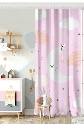 Realhomes Tek Kanat Pembe Zeminde Ay Ve Bulut Desenli Bebek Odası Fon Perde Genel