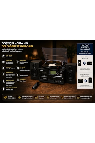 Dosound Tr-18 Ahşap Hoparlörlü Pikap Çalar Kaset Cd Bluetooth Usb Sd Müzik Sistemi 1 Adet