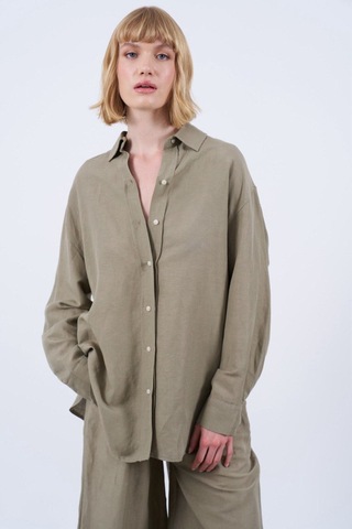 Kadın Keten Gömlek Pantolon Takım Yağ Yeşili