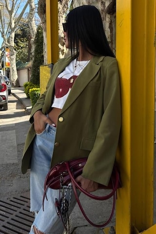 Uzun Kollu Ve Düğme Kapamalı Kruvaze Yakalı Oversize Blazer Kadın Keten Ceket Haki Haki