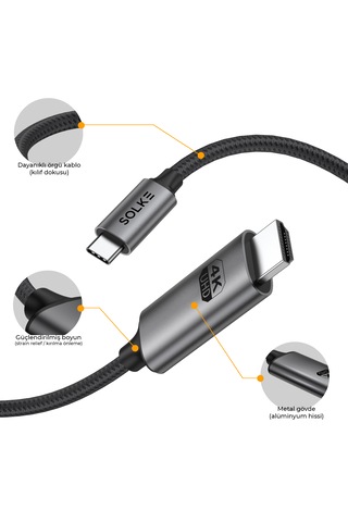 Solke Type-c To Hdmı Kablo 2 Metre 4k 60hz 18gbps Örgülü Alüminyum Görüntü Aktarma Kablosu