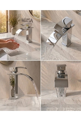 Krom Kare Lavabo Bataryası - Şelale Akışlı Modern Banyo Musluğu Sabit Lavabo Çift Su Girişli