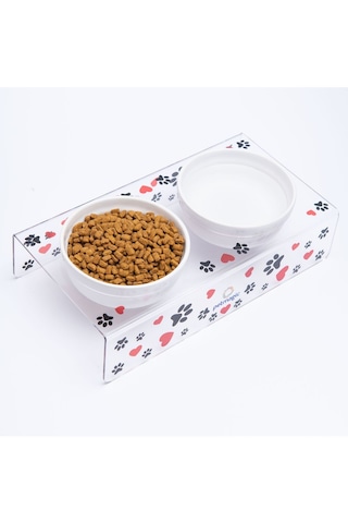 Petmagic Akrilik Pleksi Evcil Hayvan Beyaz Seramik Kaseli Mama Su Kabı Siyah Patili