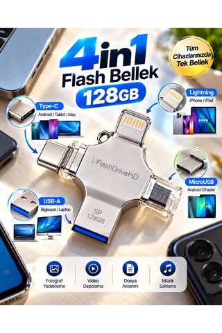 Shnstore 128gb 4 Lü Girişli Flash Bellek Lightning Type-c Usb-a Microusb Telefon Tablet Bilgisayar Uyumlu Shntknd0720