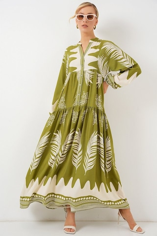 2423 Otantik Desenli Tesettür Elbise - Mint Yeşili Mint Yeşili