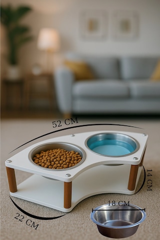 Reyo Ok-ay Store Lunara Modern Ahşap Demonte Kedi Ve Köpek Mama Standı 2'li Paslanmaz Çelik Kaseli Beyaz