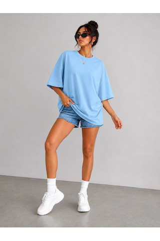 Polymood 3'lü Set Oversize %100 Organik Pamuk Yuvarlak Yakalı Bol Kesim T-shirt Beyaz-mavi-pudra