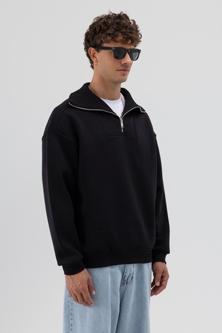 Vamos Basic Fermuarlı Dik Yaka Sweatshirt Siyah