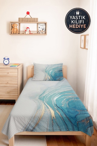 Mavi Mermer Modern Genç Odası Tek Kişilik Pike Takımı - Beyaz Gold 160x220 Cm Kapitone Yatak Örtüsü Mistik Çiçek Parıltısı