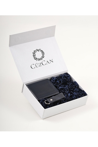 Premium Gift Rose Box - Kelebek Lacivert Hakiki Deri Cüzdan - Anahtarlık Ve Lacivert Gül Kutusu Lacivert