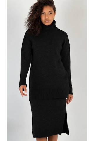 Miss Poem Kadın Siyah Fitilli Uzun Kollu Kazak Yırtmaçlı Etek Takımı Siyah