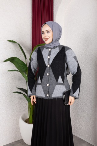 Hira Life Fashion Kadın Önü Düğmeli Şardonlu Cepli Ve Baklava Desenli Triko Hırka Siyah Siyah