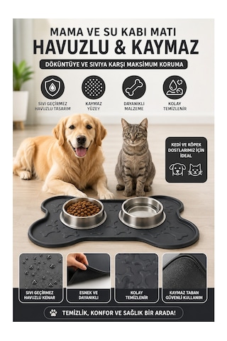 Kedi Köpek Mama Ve Su Kabı Altlığı Kemik Figürlü 45x35 Cm Kaymaz Mama Matı Yıkanabilir Döküntü Önleyici