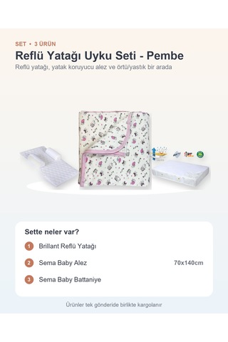 Reflü Yatağı Uyku Seti 3 Parça: Brillant Reflü Yatağı + Sema Baby Alez + Sema Baby Battaniye - Pembe