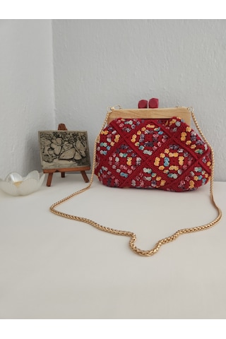Fikriharika Design Retro, Motifli, Ahşap Burslu, Kadın El Çantası Bordo
