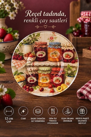 6 Lı Cam Çay Tabağı Reçel Ve Meyve Kavanozu Desenli 12 Cm, 6 Adet Çay Tabak Kırmızı