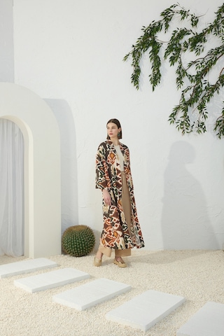 Aker Turuncu Desenli Keten Kimono Turuncu Turuncu