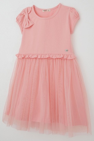Breeze Kız Çocuk Elbise Bel Kısmı Fırfır Detaylı Omuzu Fiyonk Aksesuarlı 4-8 Yaş, Pembe Pembe
