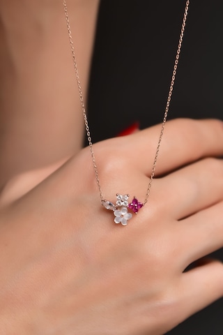 Papatya Silver 925 Ayar Gümüş Rose Kaplama Sedef Manolya Fuşya Beyaz Taşlı Damla Yonca Çiçek Kolye