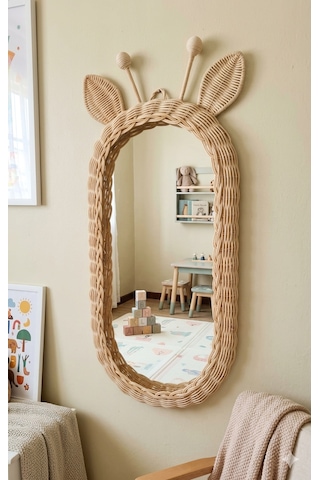 Rattan Bambu El Örmesi Zürafa Model Boy Aynası Ekru Rattan Bambu El Örmesi Zürafa Model Boy Aynası Ekru
