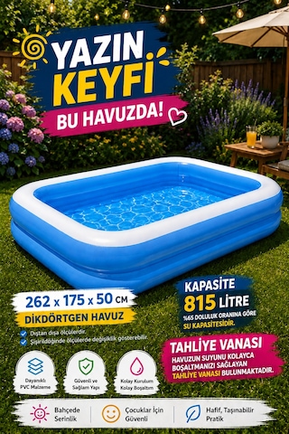 Hak-iş Oyuncak 262x175x50 CM Dikdörtgen Şişme Aile Havuzu + 30 CM Çift Fonksiyon El Pompası Dahil