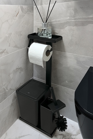 3'ü 1 Arada Banyo Seti Tuvalet Kağıtlık, Çöp Kovası Ve Tuvalet Fırça Takımı Mat Siyah