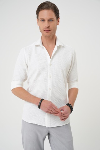 Efor Slim Fit Gofre Kumaş Desenli Kısa Kol Beyaz Gömlek G 1592 Beyaz