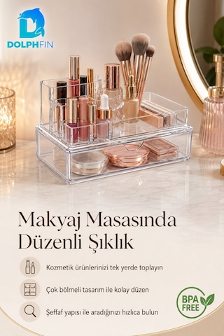 Çekmeceli Podyum Kozmetik Organizer Şeffaf Makyaj Takı Ruj Oje Pamuk Düzenleyici