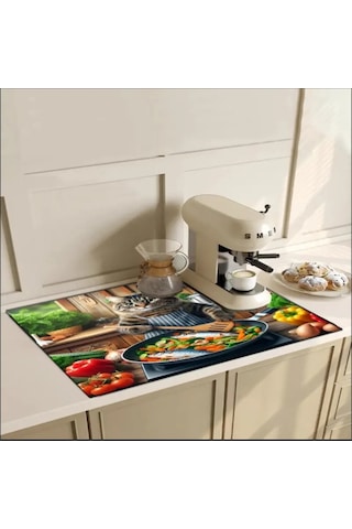 55 Cm X 45 Cm Kedi Şef Tasarımı Tezgah Üstü Bulaşık Kurutma Matı Bulaşıklık Kurutma Örtüsü Çok Renkli