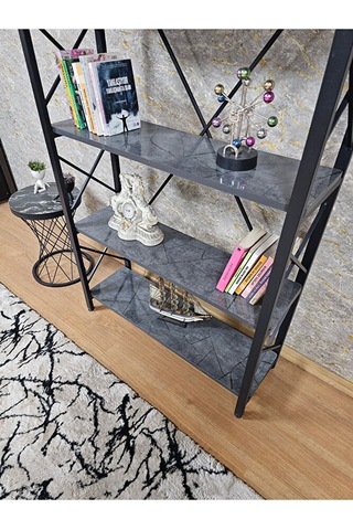 Siyah Boyalı Kitaplık - 5 Raflı Suntalem Lüks Kitaplık Aris Gri Çok Renkli