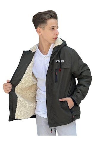 Erkek Çocuk New Wolf Yazılı Fermuar Cepli İçi Peluş Astarlı Haki Renk İnce Mont Haki