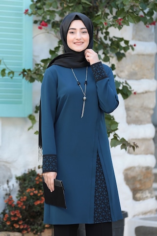 Lazer Kesim Detaylı Büyük Beden Tesettür Takım İndigo