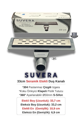 33cm 304 Paslanmaz Izgaralı Seramik Etekli Koku Önleyici Klapeli Duş Kanalı - Ø50 Mm 360 S-sifon Çizgili Izgara Çizgili Izgara Line