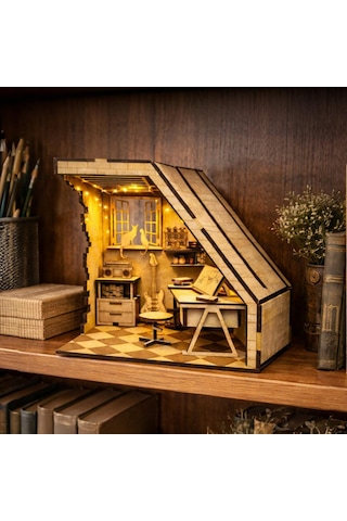 Mini Study Room Ahşap Maket Seti Dıy Book Nook Çalışma Odası Kitaplık Dekoru