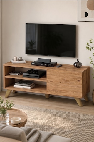 Tv Sehpası Kapaklı Tv Sehpası Raflı Tv Ünitesi Televizyon Sehpası 100 X 35 Cm Malta Çam Çam